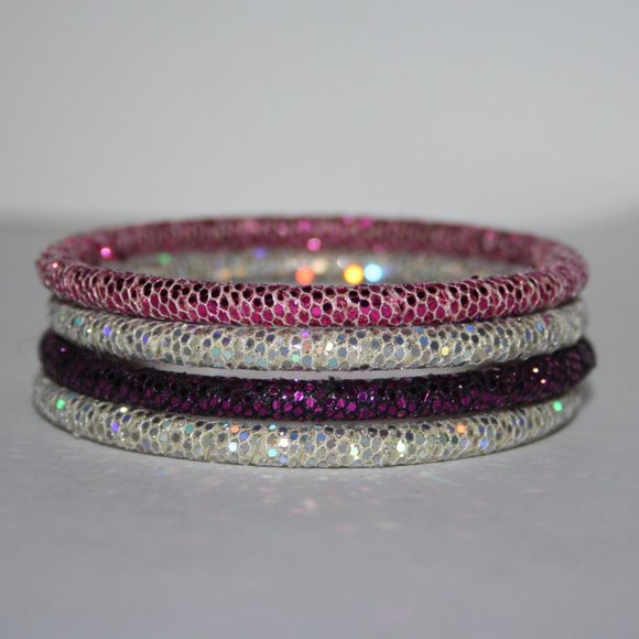 Glittery white pink purple bangle bracelet set 7"